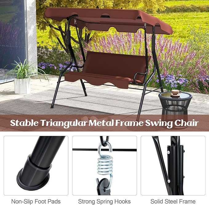 Porch Swing Outdoor, 3 Person Patio Swing w/Removable Cushion, Stand & - Image 7
