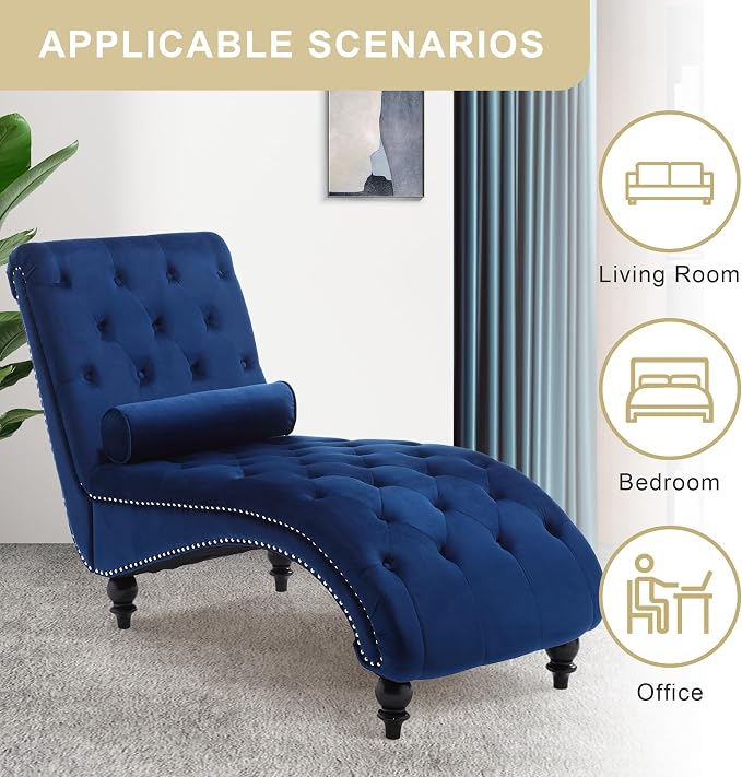 Chaise Lounge Indoor, Velvet Upholstered Lounge Chair Button-Tufted Armless - Image 7