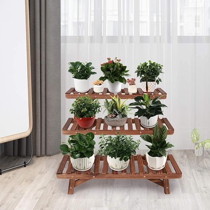 Ufine Freestanding 3 Tier Ladder Shelf Wood Plant Stand Indoor Outdoor Plant - Image 2