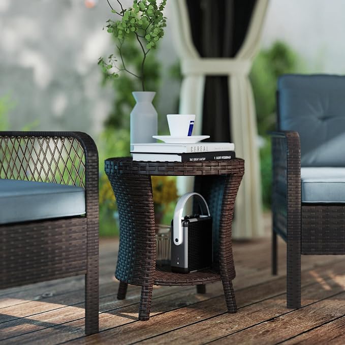 Outsunny 18" Outdoor Wicker Coffee Table, 2-Tier Patio Side Table - Image 2