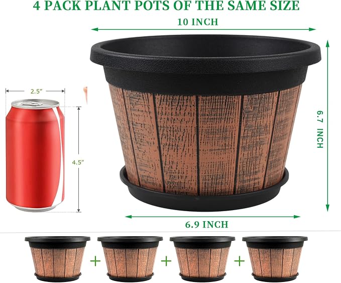Quarut 4 Pack 10 inch Plant Pots, Upgrade Whiskey Barrel Planters - Image 2