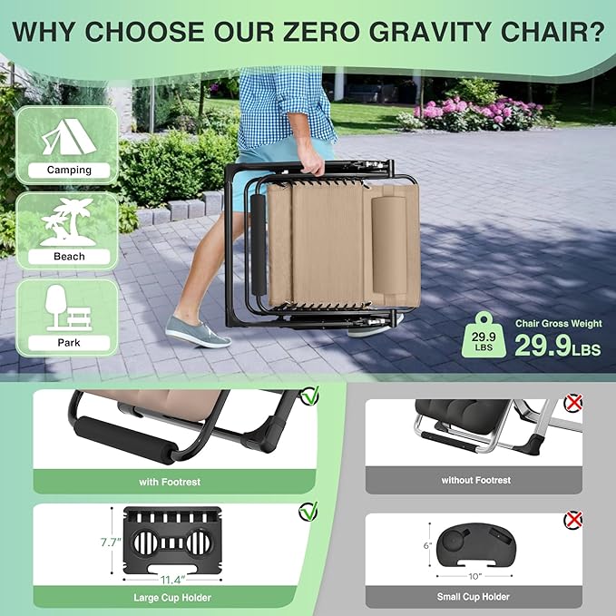 Suteck Oversized Zero Gravity Chair, 33In XXL Outdoor Recliner Chair - Image 5