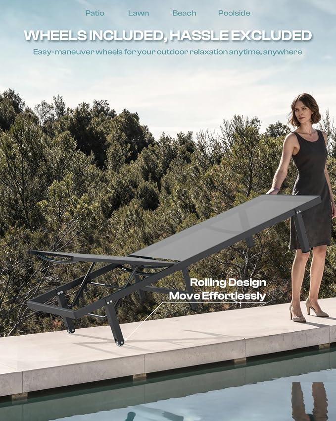 Lounge Chair Outdoor with Wheels, Aluminum Chaise Lounge Outdoor Chair with 5 - Image 3