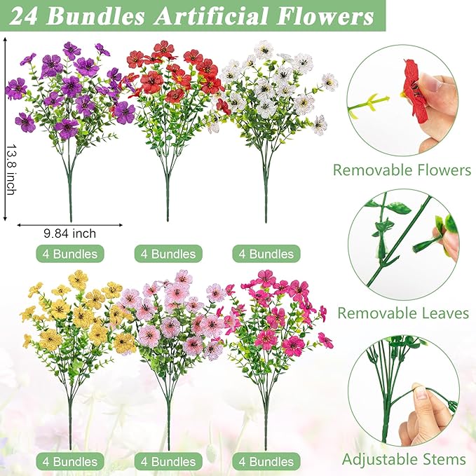 Bassion Artificial Flowers for Outdoors, 24 Bundles UV Resistant Fake Flowers - Image 2