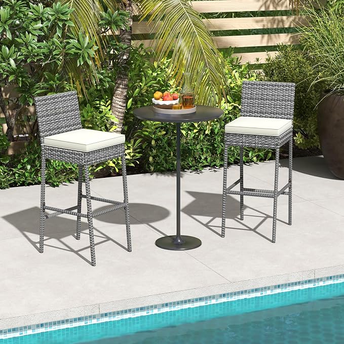 HAPPYGRILL Patio Wicker Barstools Set of 2, Outdoor Bar Height Chair w/Soft - Image 4
