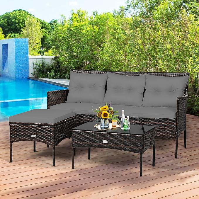 Tangkula 3 Pieces Patio Conversation Set, All Weather Outdoor PE Rattan Wicker - Image 3