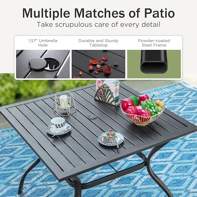 PHI VILLA Patio Dining Set for 4 Person, Square Metal Slat Table - Image 7