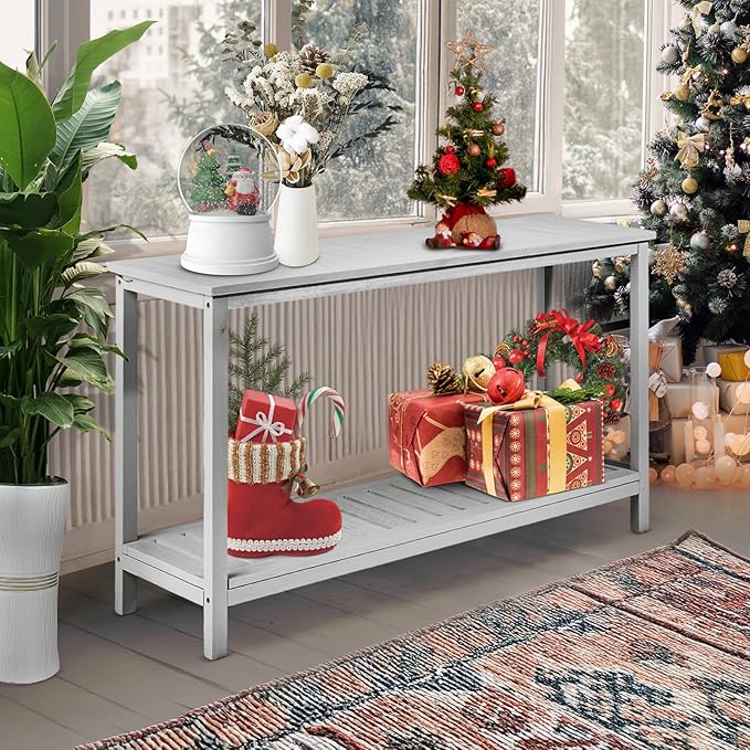 VINGLI 49in Solid Wood Outdoor Console Table, 2-Shelf Wooden Outdoor Accent - Image 2