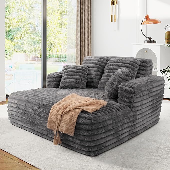 56" Oversized Chaise Lounge Chair Indoor, Plush Faux Fur Sleeper Sofa Couch Bed by JEEOHEY
