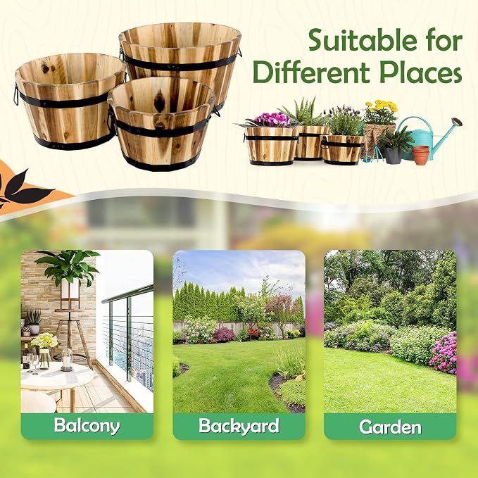 Idzo Set of 3 Wooden Flower Boxes Outdoor, Durable Acacia Wood Barrel Planters - Image 6