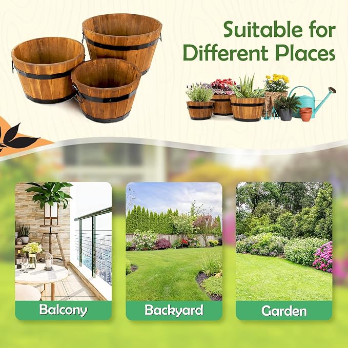 Idzo Set of 3 Wooden Flower Boxes Outdoor, Durable Acacia Wood Barrel Planters - Image 6