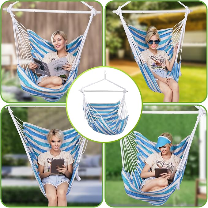 Backyard Expressions Striped Hammock Chair Hanging Rope Swing Chair, Anti Slip - Image 4