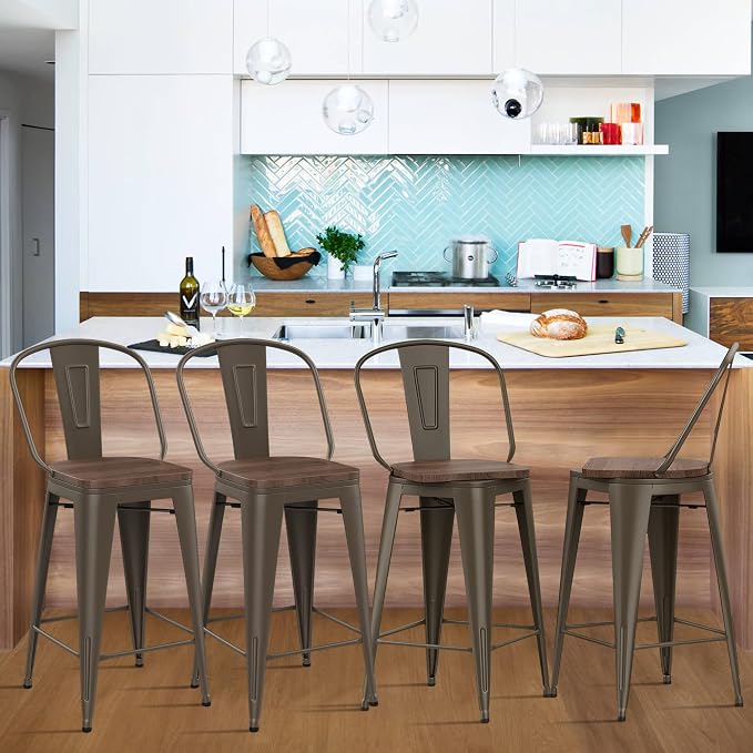 Alunaune 30" Swivel Metal Counter Height Bar Stools Set of 4 High Back - Image 4
