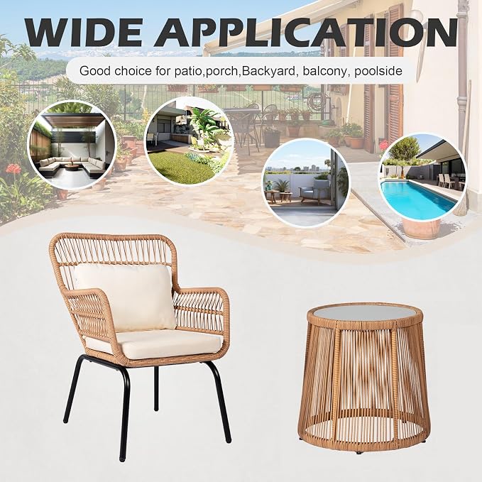 3 Piece Outdoor Wicker Furniture Bistro Set, Rattan Chairs Conversation Sets - Image 6