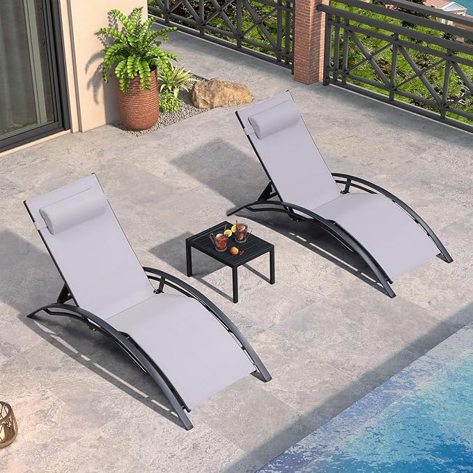 PURPLE LEAF Patio Chaise Lounge Set of 3 Outdoor Lounge Chair Beach Pool - Image 3