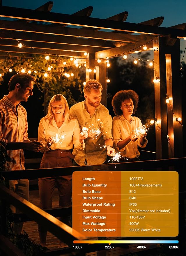 Brightown Outdoor String Lights, 200FT 100+2 G40 Bulbs Shatterproof Patio Lights - Image 3