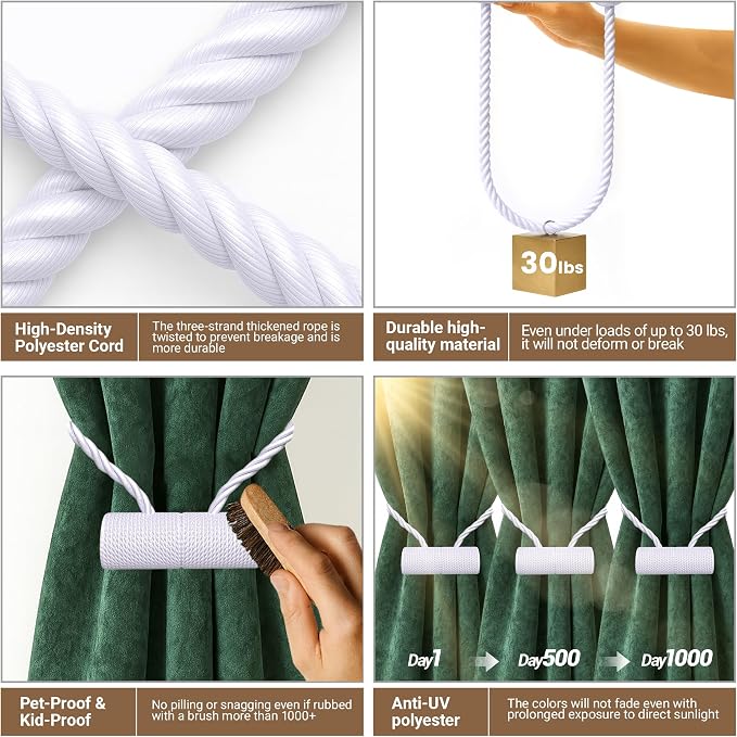 Hion Magnetic Curtain Tiebacks White 4 Pack, Curtain Tiebacks Buckles Holdbacks - Image 3