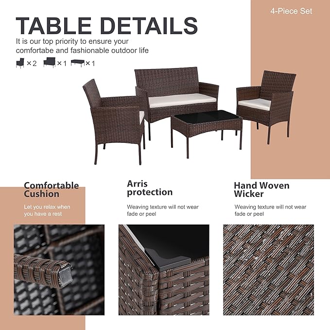 Shintenchi 4 Piece Outdoor Patio Furniture Set, Wicker Rattan Patio - Image 4
