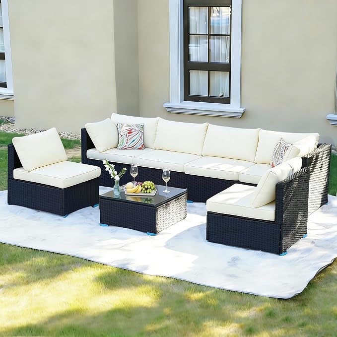 7 Piece Outdoor Patio Furniture Sets, Outdoor Wicker Conversatin Set w Glass by NagaBahna
