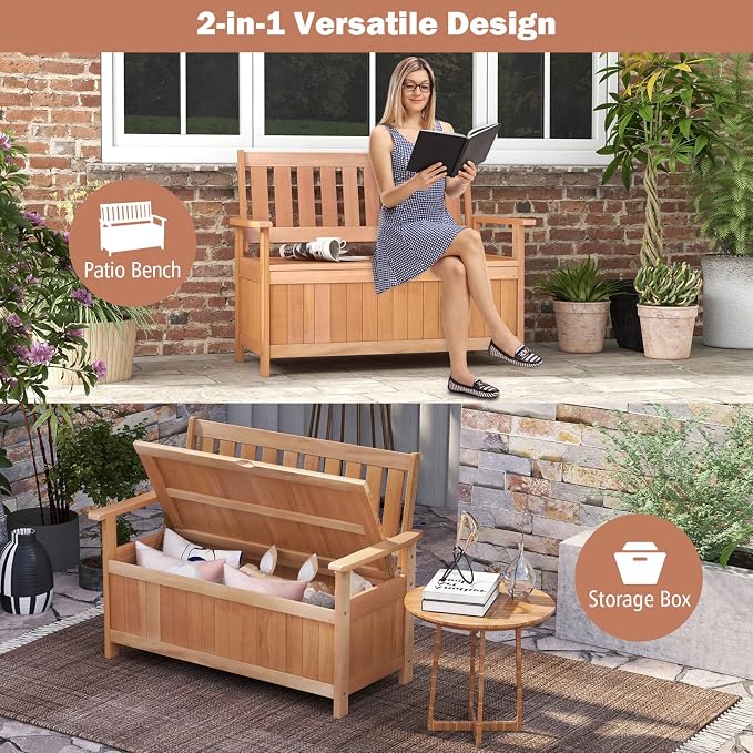 Tangkula 48 Inch Outdoor Wood Storage Bench Deck Box, Wooden Storage Loveseat - Image 9