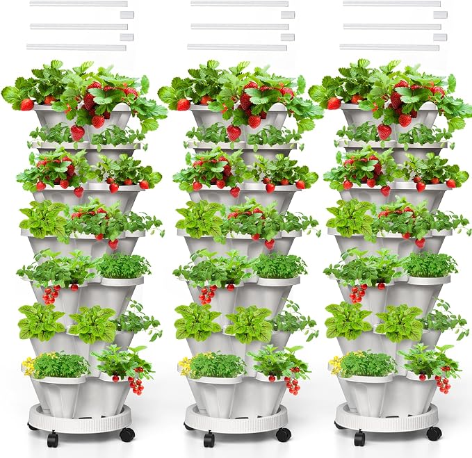 Strawberry Vertical Planters Tower Garden 3 Pack, 7 Tiered Stacking Herb by Tectsia