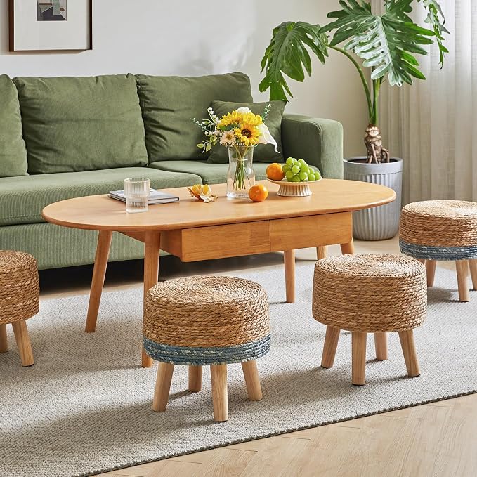 YMYNY Foot Stool Natural Seagrass Hand Weave, 12.6" Small Ottoman, Round - Image 6