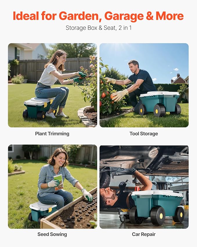 VEVOR Garden Scooter with Seat, 2 in 1 Rolling Garden Cart with Storage Bin - Image 6