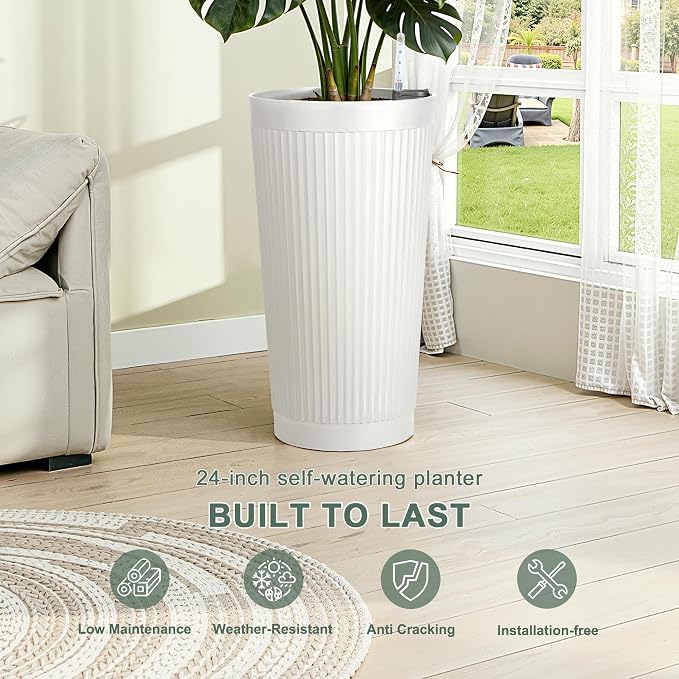 24” Tall Outdoor Planters Set of 2, Self Watering Flower Pots White Planters - Image 3