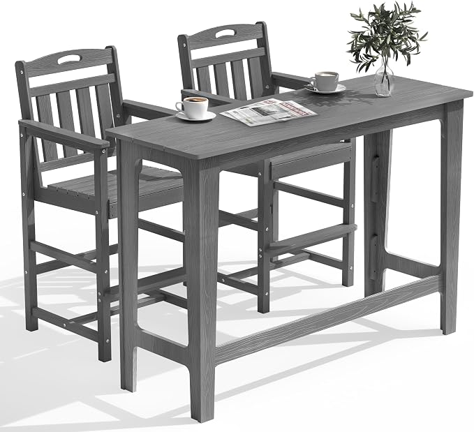 Outdoor Patio Bar Height Table and Tall Adirondack Chairs Set of 2, All-Weather by Suunyn