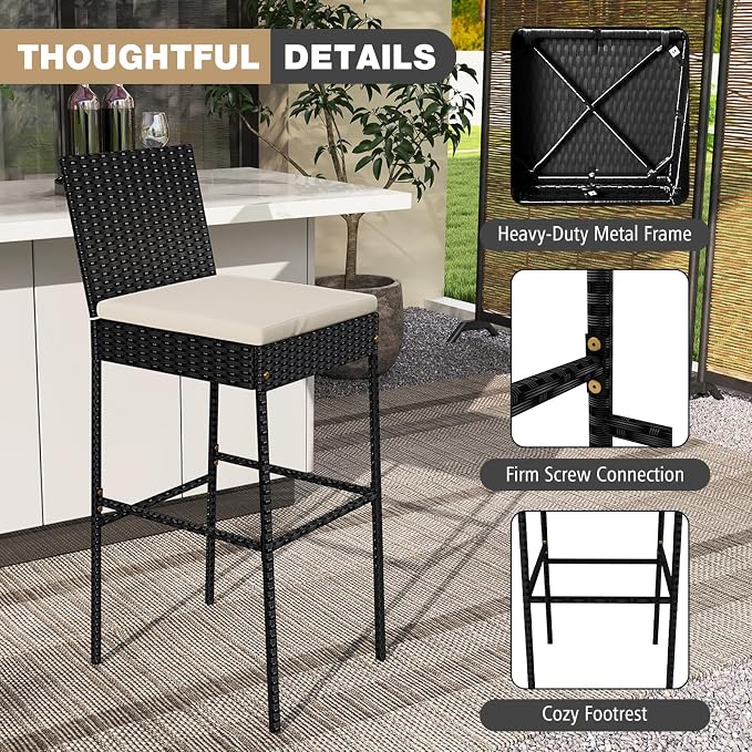 HAPPYGRILL Wicker Patio Barstools Set of 4, Outdoor Rattan Bar Chairs - Image 8