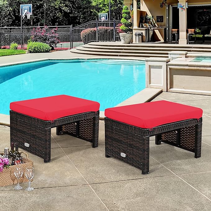 Tangkula 2 Pieces Patio Rattan Ottomans, All Weather Outdoor Footstool Footrest - Image 2