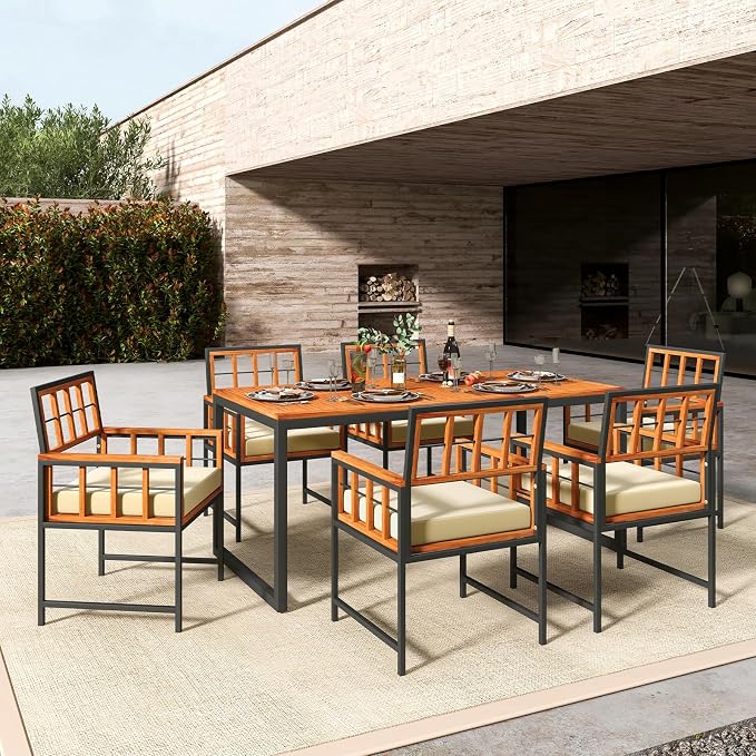 Tangkula 7 Pieces Patio Dining Set, Outdoor Acacia Wood Table and Chairs - Image 8