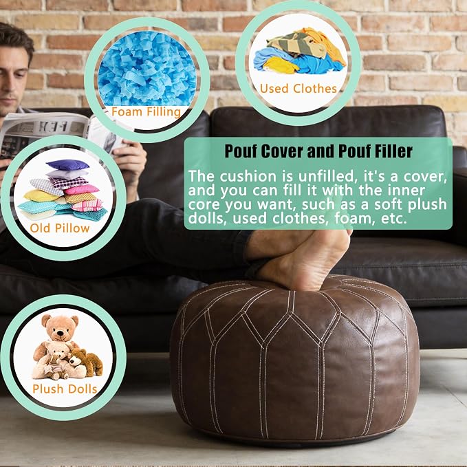 Thgonwid Unstuffed Moroccan Faux Leather Pouf Ottoman - Image 5