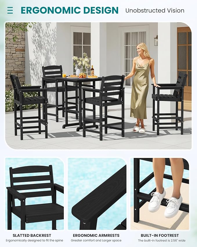 SERWALL 5-Piece Adirondack Bar Chairs Set, HDPE Adirondack Barstools - Image 5