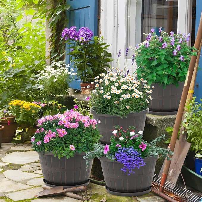 Quarut 16 Inch Brown Classic Plastic Whiskey Barrel Planters Set of 4 - Image 5