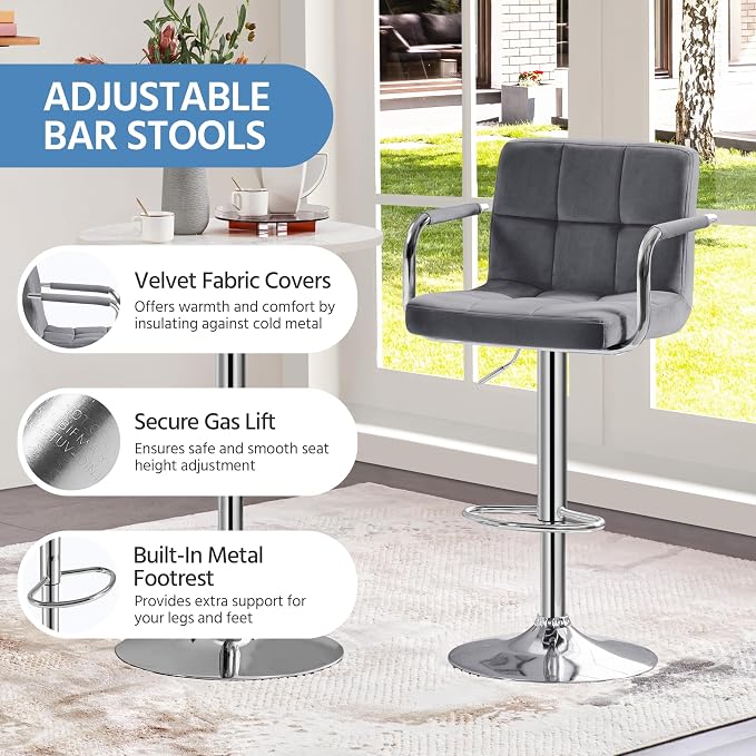Yaheetech Velvet Bar Stools Set of 4, Adjustable Barstools - Image 9