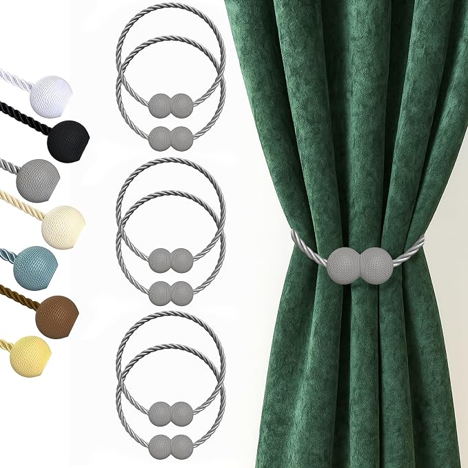 Hion Magnetic Curtain Tiebacks Grey 6 Pack, Curtain Tiebacks Buckles Holdbacks by Hion