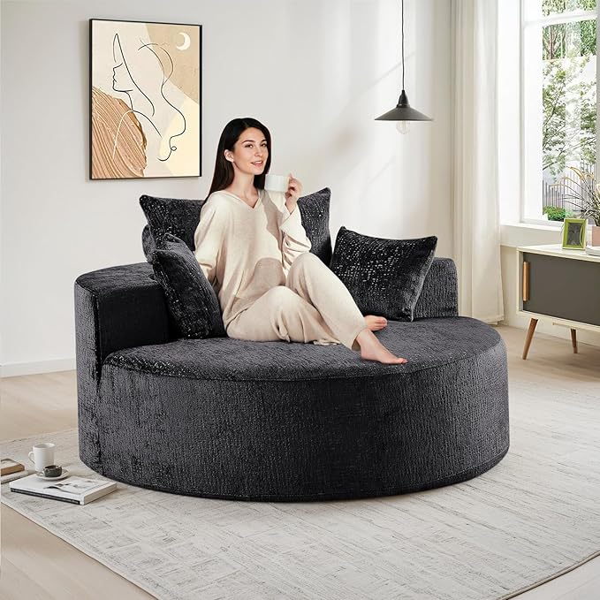 Oversized Round Chaise Longue Chair Indoor, Modern 55-inch Upholstered Chenille by Antetek