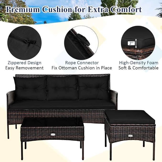 Tangkula 3 Pieces Patio Conversation Set, All Weather Outdoor PE Rattan Wicker - Image 4