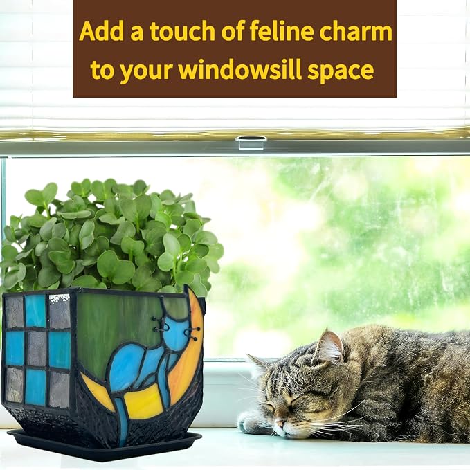 Tiffany Stained Glass Unique Moon Sleeping Blue Cat Planter, Indoor Plant Pots - Image 6