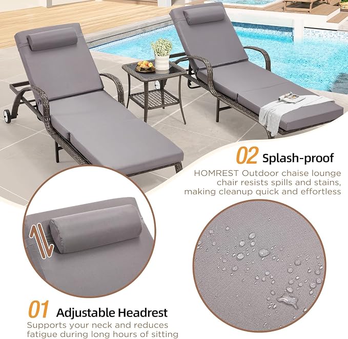 HOMREST Pool Lounge Chairs Set of 3, Outdoor Wicker Chaise Lounge Chair - Image 4