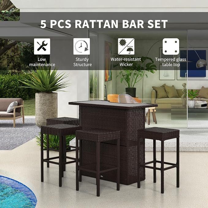 Outsunny 5 Pcs Rattan Wicker Bar Set, High Top Outdoor Table and Chairs - Image 3