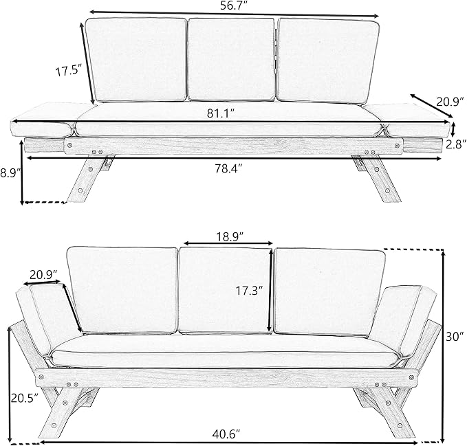 Merax Patio Sofa, Outdoor Adjustable Wooden Daybed, Chaise Lounge - Image 2