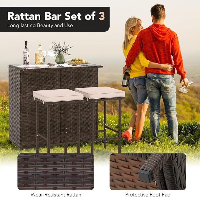 Tangkula 3 Piece Patio Bar Set, Outdoor Rattan Bar Table and 2 Stools - Image 4