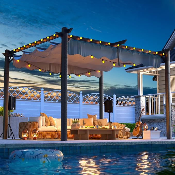 10'x12' Outdoor Pergola with Retractable Canopy, Patio Metal Heavy-Duty Gazebo - Image 7