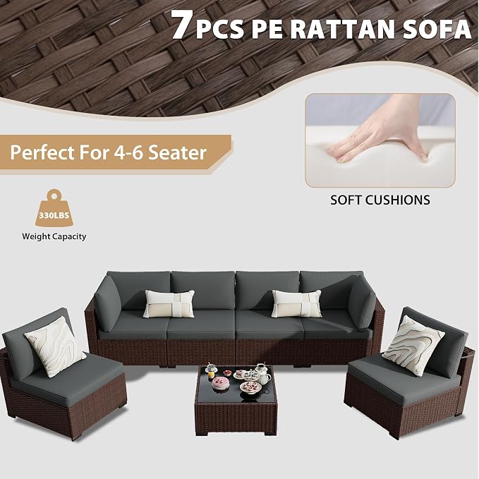 KIGOTY Patio Furniture Set, 7 Pieces Modular Outdoor Sectional Sofa, PE Rattan - Image 5