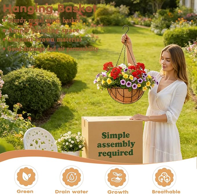 14 inch Metal Hanging Baskets For Plants Outdoor 4 Pack Round Metal Wire - Image 2
