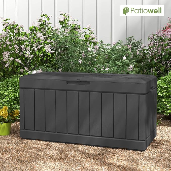 Patiowell 82 Gallon Resin Deck Box, Waterproof Large Wood Look Storage Box - Image 7