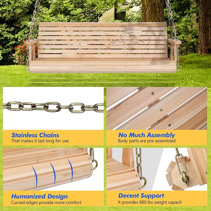 VINGLI Upgraded Patio Wooden Porch Swing - Image 4