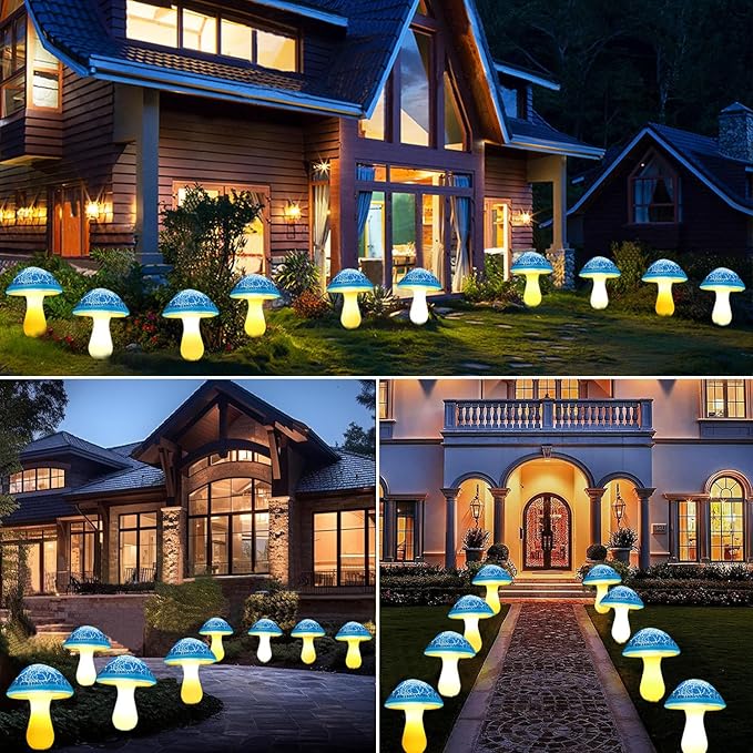 Solar Mushroom Lights Garden Decor 8 Blue Crack Mushrooms Outdoor Decor Stake - Image 6